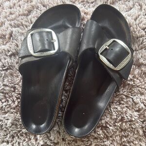 Birkenstock Black Leather Sandals with Silver Big Buckles